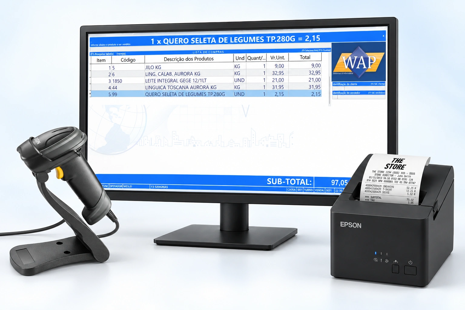 TkSysloja no monitor, com leitor de código de barras Elgin e impressora Epson